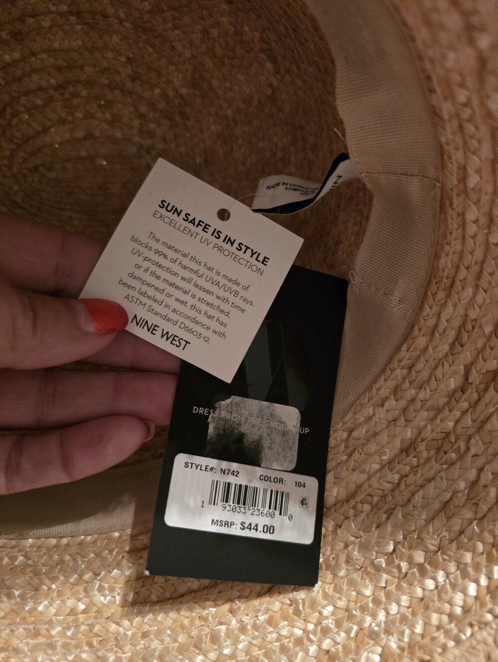 Nine West Woven Straw Bucket Hat in Beige SPF50, Adjustable Headband NWT - Picture 2 of 4